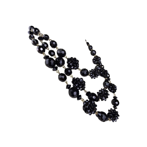 Vintage Multistrand Black Faceted Beaded Necklace Elegant Gold Tone Hook Closure
