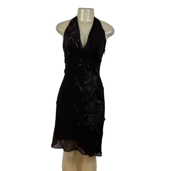BCBGMAXAZRIA Brown Mahogany Halter Embellished Cocktail Dress Evening Wear Sz 4