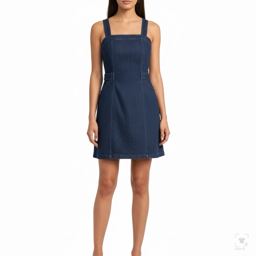 Jessica Simpson Womens Dark Denim Dress With Straps & Adjustable Waist Sz M