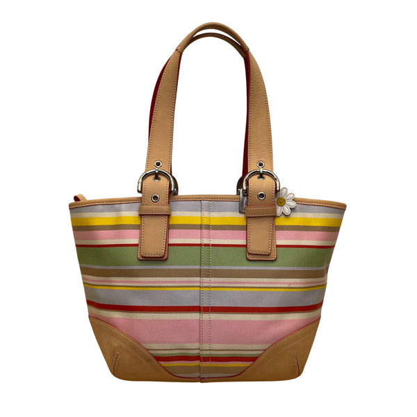 Coach Women’s Multicolor Canvas & Leather Striped With Daisy Charm Tote Bag Sz M