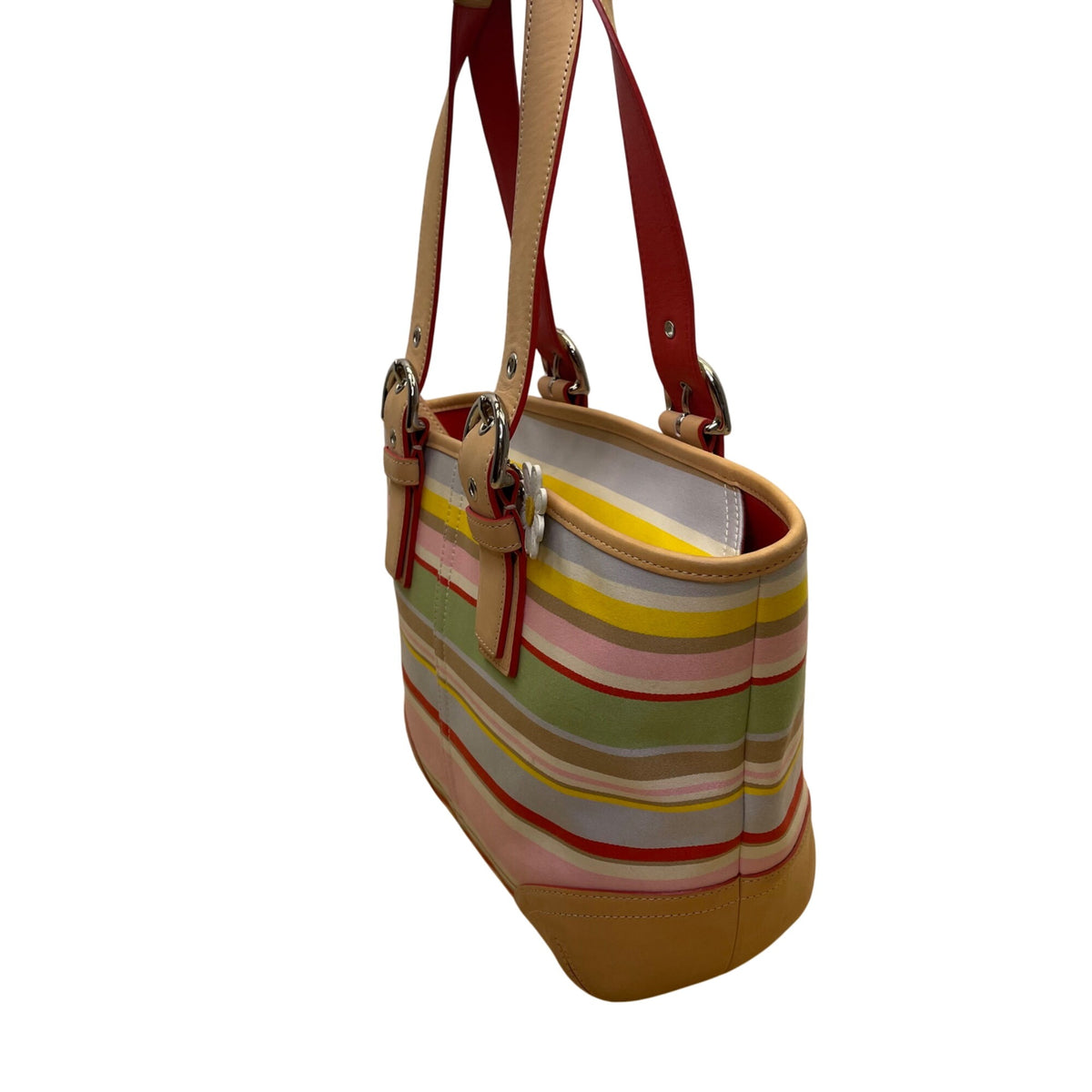 Coach Women’s Multicolor Canvas & Leather Striped With Daisy Charm Tote Bag Sz M