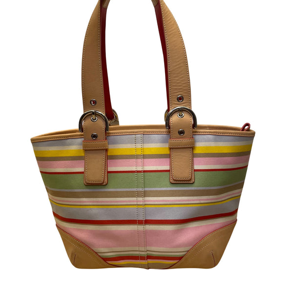 Coach Women’s Multicolor Canvas & Leather Striped With Daisy Charm Tote Bag Sz M