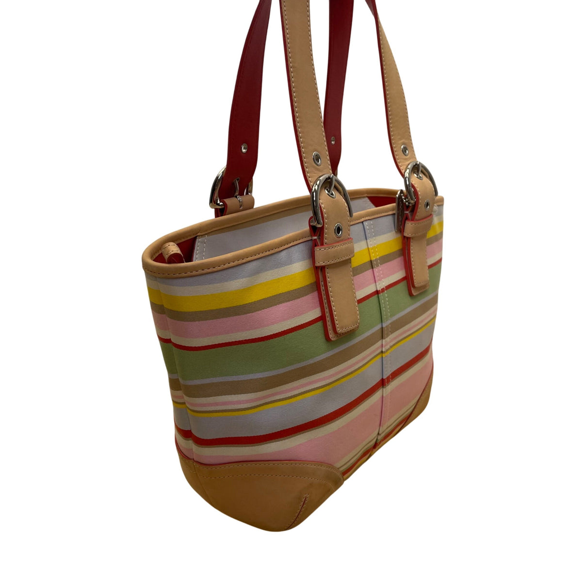 Coach Women’s Multicolor Canvas & Leather Striped With Daisy Charm Tote Bag Sz M