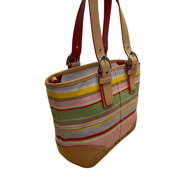 Coach Women’s Multicolor Canvas & Leather Striped With Daisy Charm Tote Bag Sz M