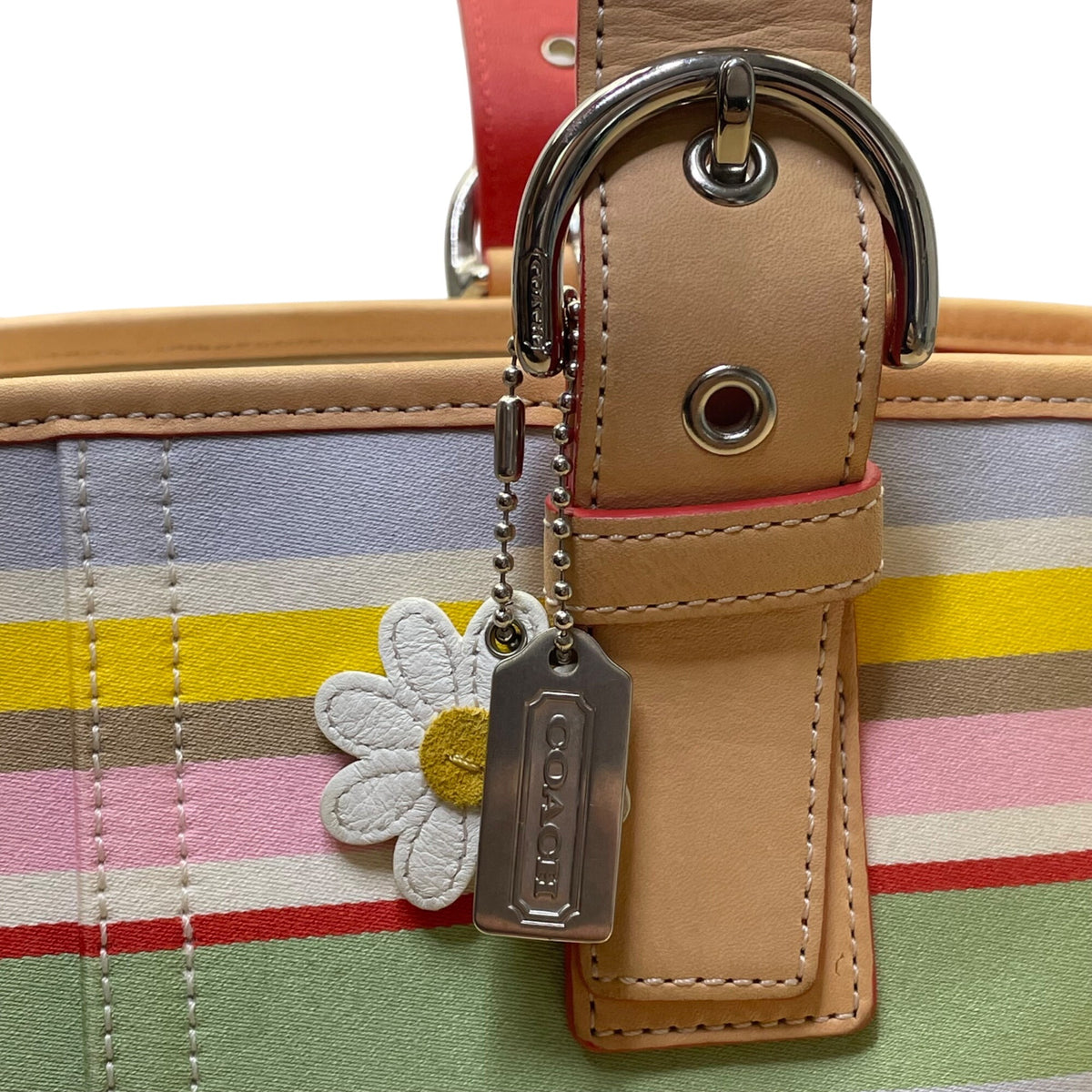 Coach Women’s Multicolor Canvas & Leather Striped With Daisy Charm Tote Bag Sz M