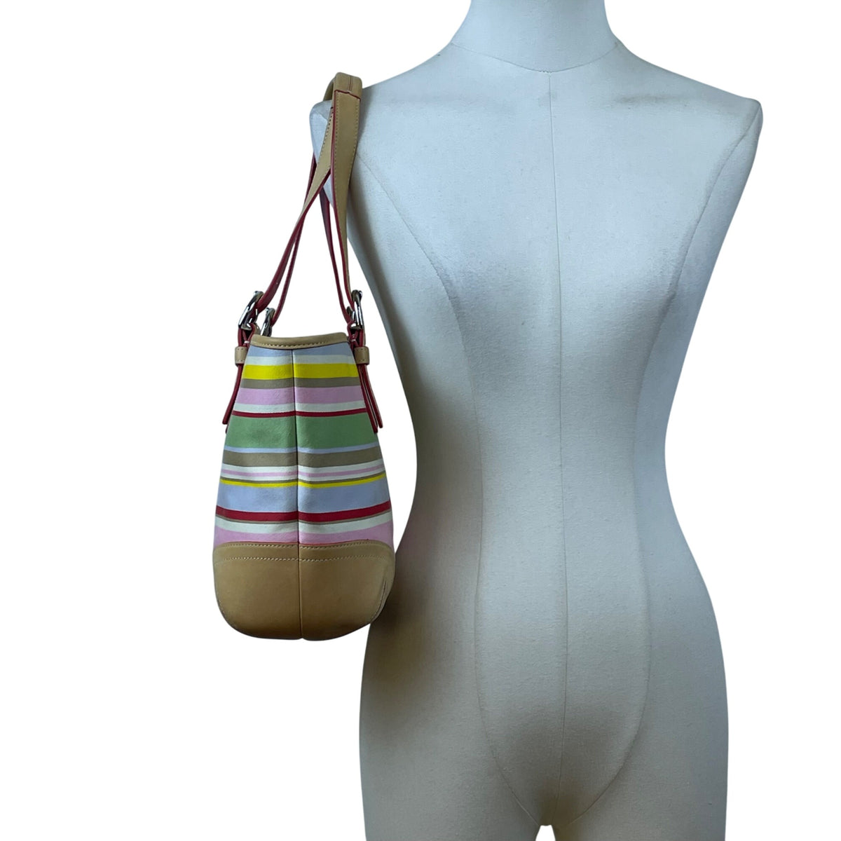 Coach Women’s Multicolor Canvas & Leather Striped With Daisy Charm Tote Bag Sz M