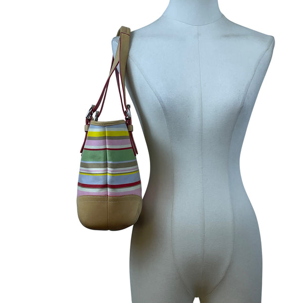 Coach Women’s Multicolor Canvas & Leather Striped With Daisy Charm Tote Bag Sz M