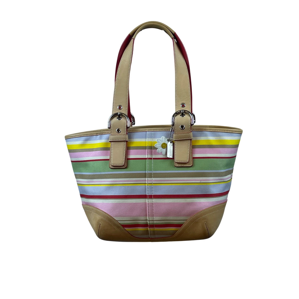 Coach Women’s Multicolor Canvas & Leather Striped With Daisy Charm Tote Bag Sz M