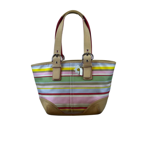 Coach Women’s Multicolor Canvas & Leather Striped With Daisy Charm Tote Bag Sz M