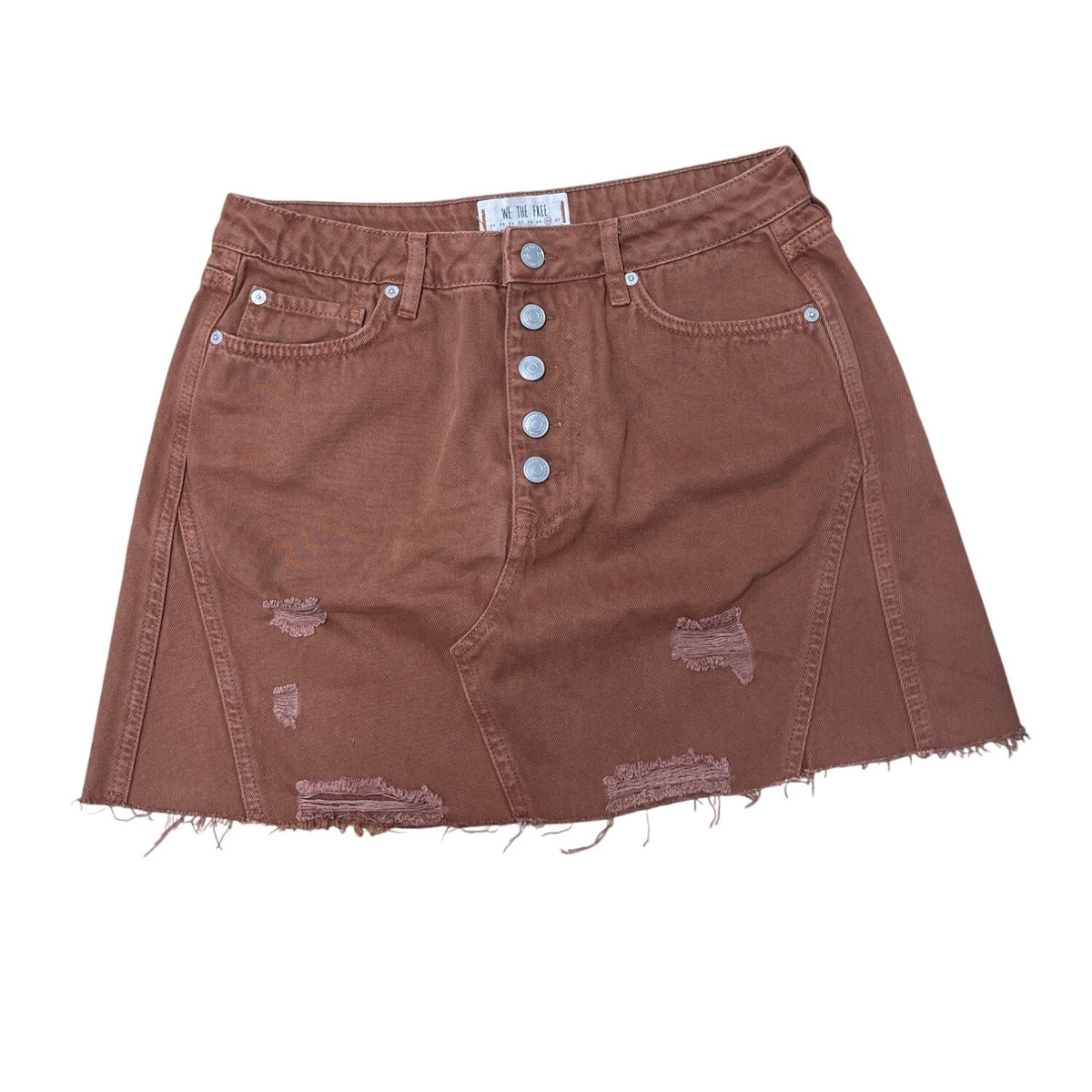 We The Free Womens Brown Denim Distressed Mini Skirt Button Closure Size 30