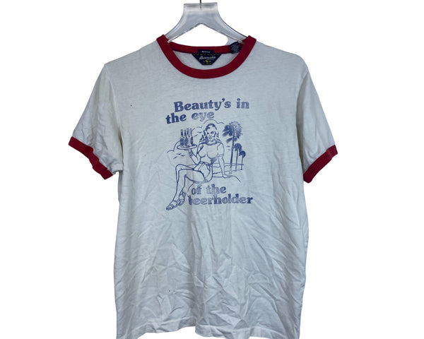 Abercrombie Mens White/Red Cotton Ringer T-Shirt "Beautys In The Eye Of The Beerholder" Graphic Size M