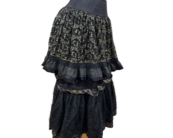 Vintage Koos Couture Vintage Black Boho Tiered Maxi Skirt With Gold Embroidery