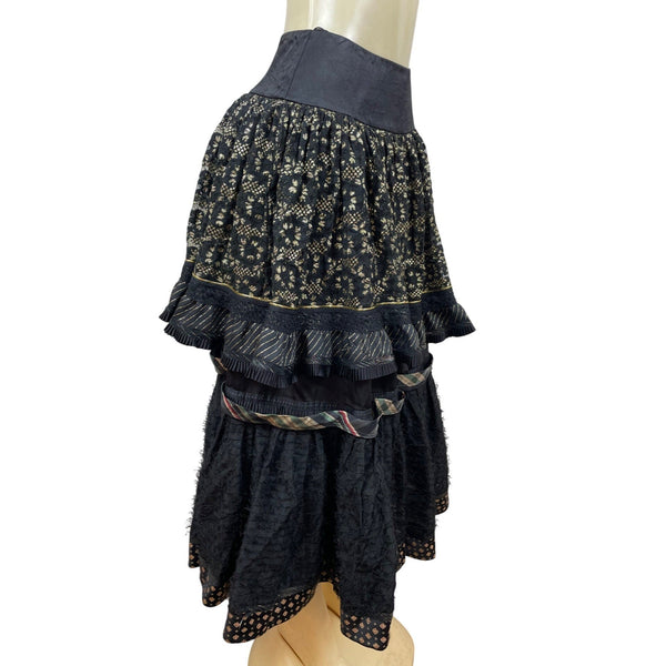 Vintage Koos Couture Vintage Black Boho Tiered Maxi Skirt With Gold Embroidery
