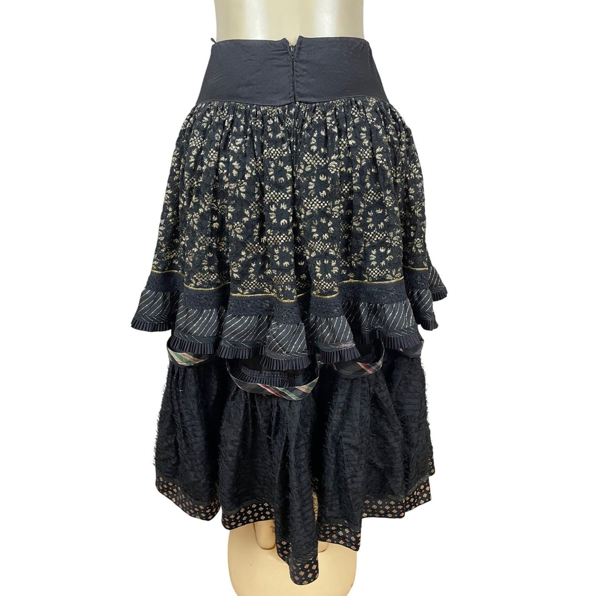 Vintage Koos Couture Vintage Black Boho Tiered Maxi Skirt With Gold Embroidery