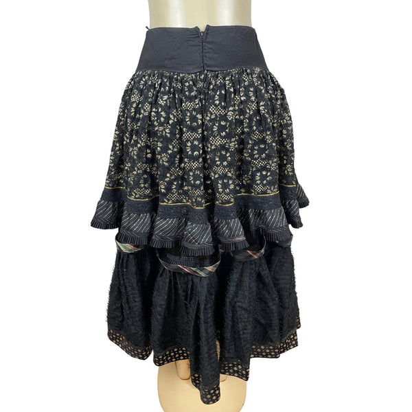 Vintage Koos Couture Vintage Black Boho Tiered Maxi Skirt With Gold Embroidery