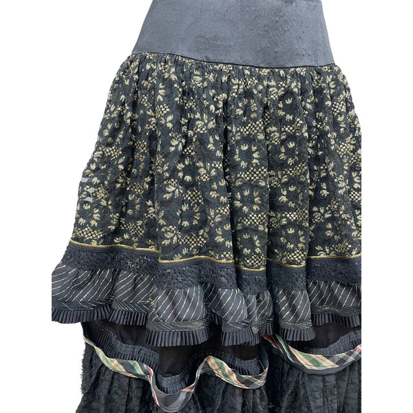 Vintage Koos Couture Vintage Black Boho Tiered Maxi Skirt With Gold Embroidery