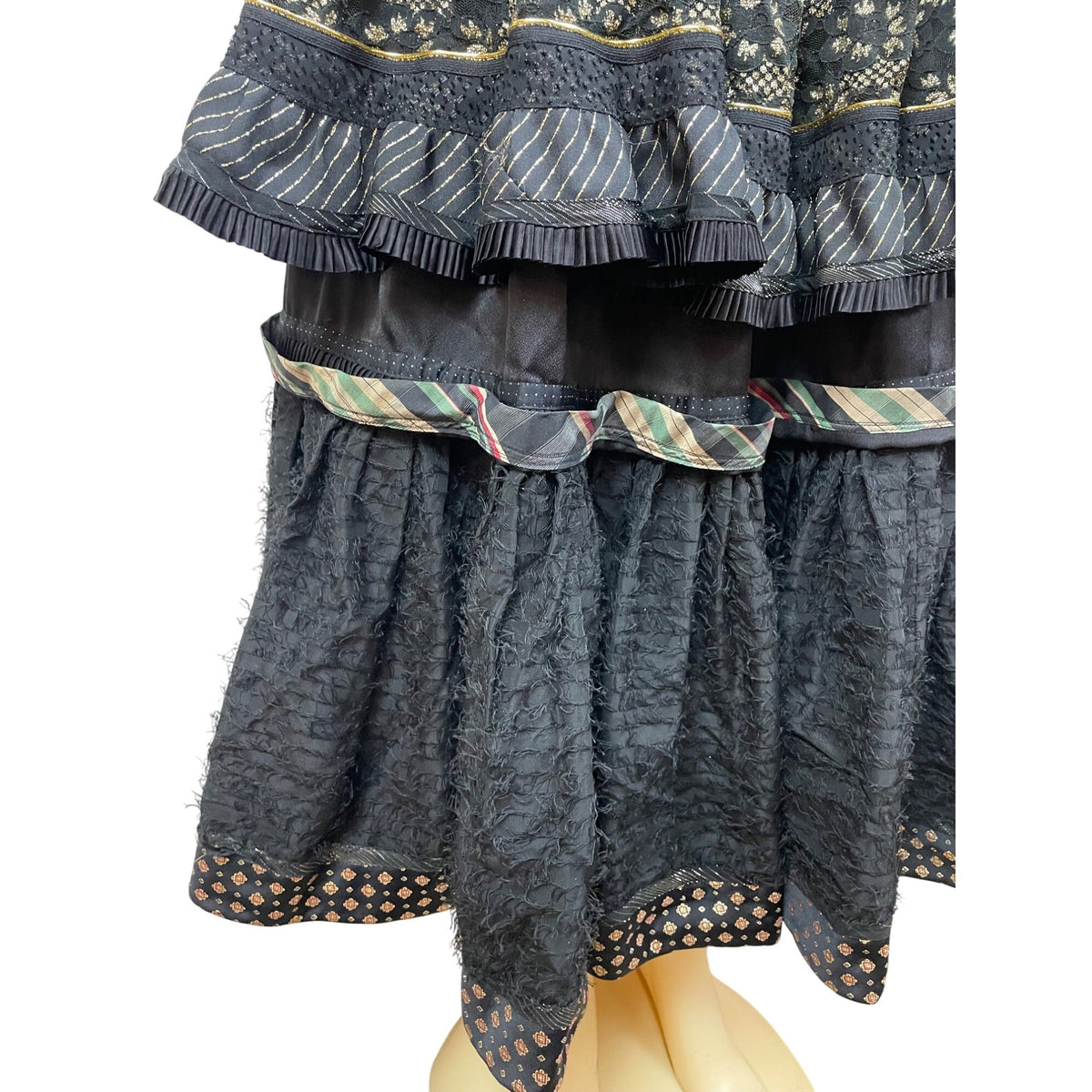 Vintage Koos Couture Vintage Black Boho Tiered Maxi Skirt With Gold Embroidery