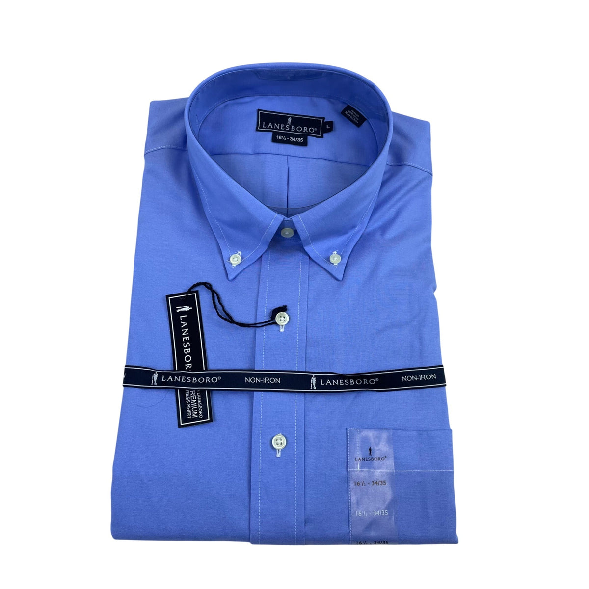 Lanesboro Mens Blue Cotton Non-Iron Long Sleeve Dress Shirt 16.5 34/35 - New