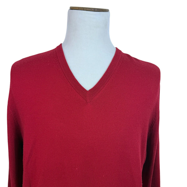 Lands End Mens Red Wool V-Neck Sweater Classic Pullover  Size L