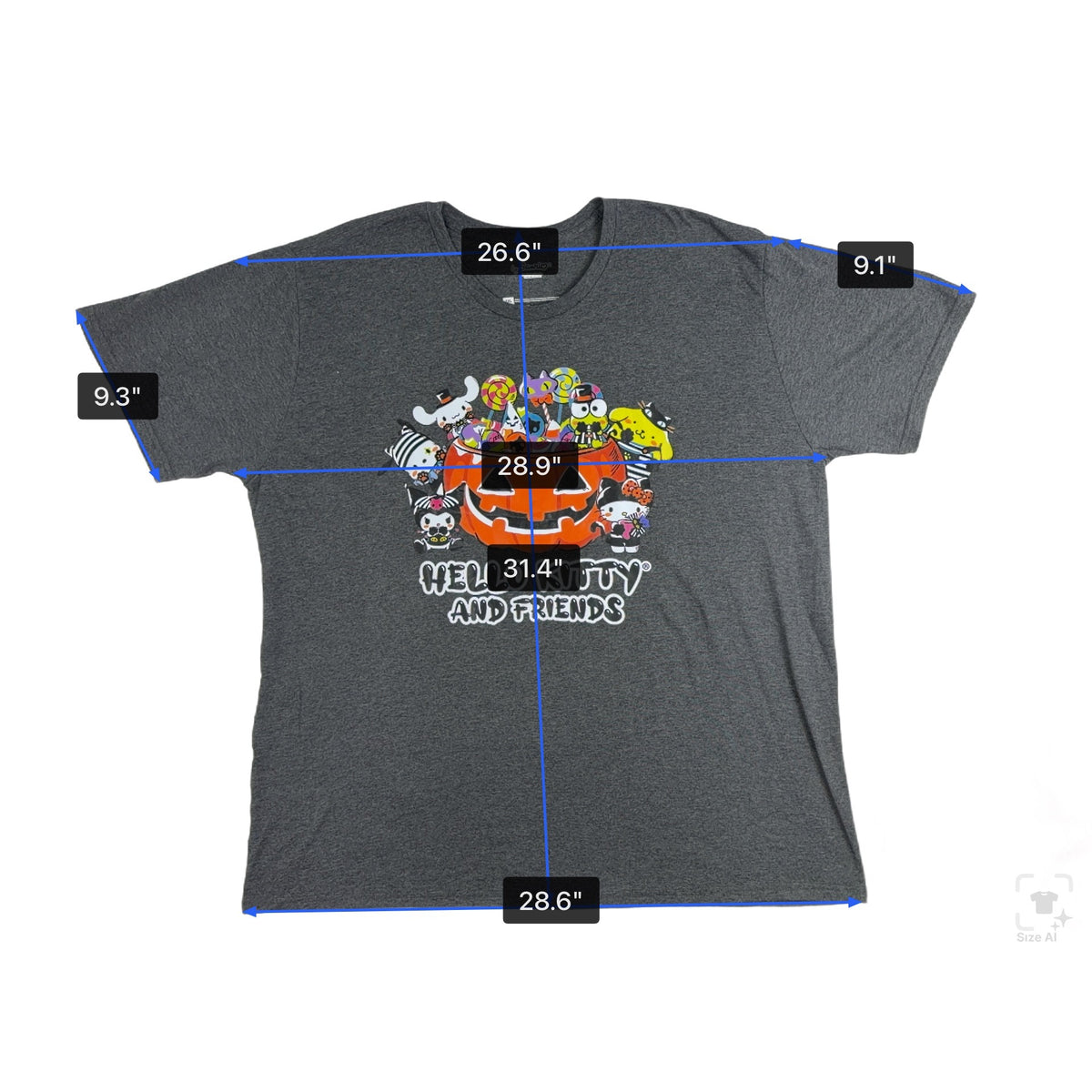 Sanrio Mens Gray Cotton/Polyester Hello Kitty Halloween Graphic T-Shirt Size 3XL