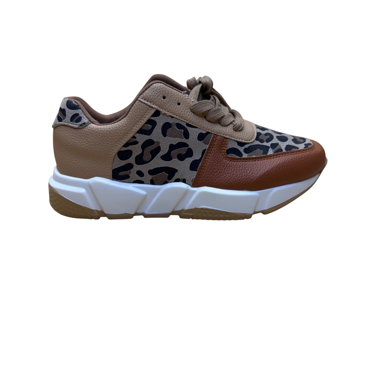 Casual Women Brown/Leopard Print Faux Leather Lace-Up Sneakers Size 38 Lightweight Sole