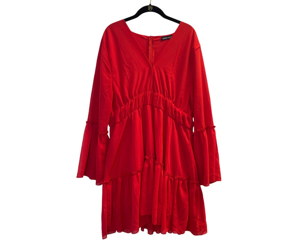 Bloom Chic Womens Red Flowy Bell Sleeve V-Neck Tiered Midi Dress US Size 18 (2XL)