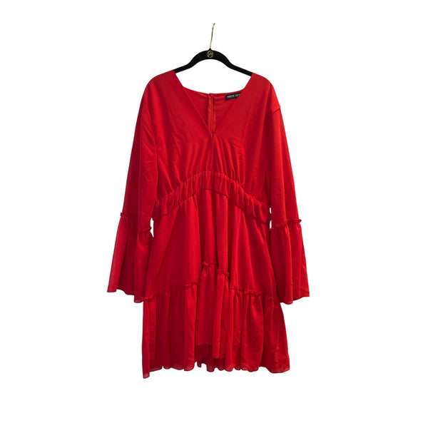 Bloom Chic Womens Red Flowy Bell Sleeve V-Neck Tiered Midi Dress US Size 18 (2XL)