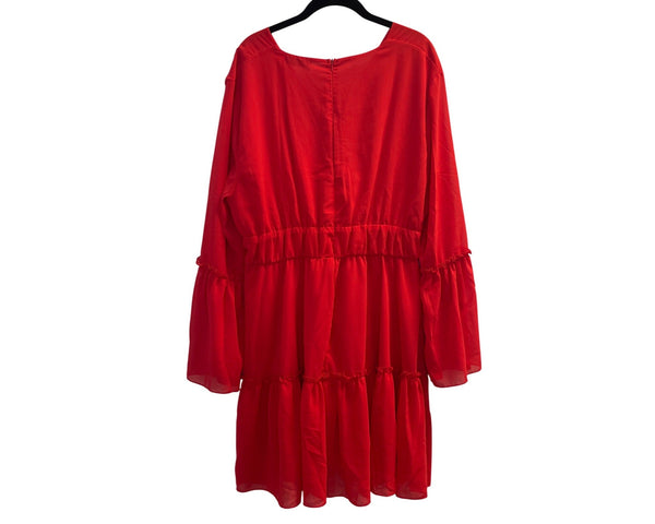 Bloom Chic Womens Red Flowy Bell Sleeve V-Neck Tiered Midi Dress US Size 18 (2XL)