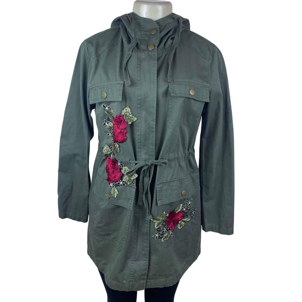 Active Usa Asymmetrical Floral Embroidered Womens Green  Hooded Jacket Sz S