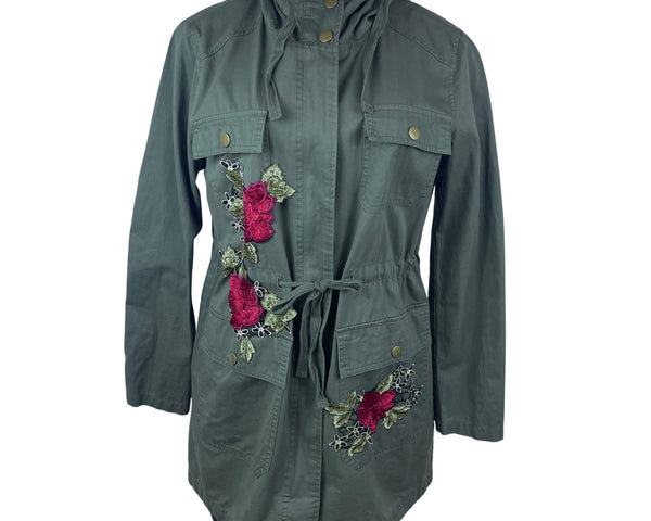 Active Usa Asymmetrical Floral Embroidered Womens Green  Hooded Jacket Sz S