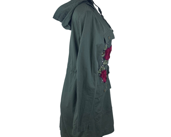 Active Usa Asymmetrical Floral Embroidered Womens Green  Hooded Jacket Sz S