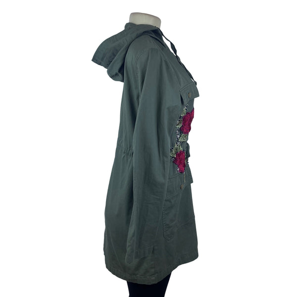 Active Usa Asymmetrical Floral Embroidered Womens Green  Hooded Jacket Sz S