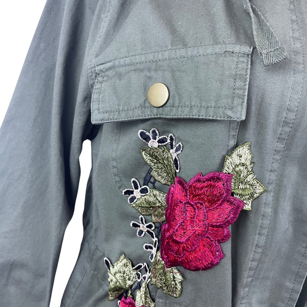 Active Usa Asymmetrical Floral Embroidered Womens Green  Hooded Jacket Sz S