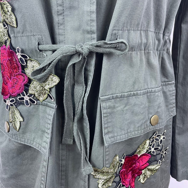 Active Usa Asymmetrical Floral Embroidered Womens Green  Hooded Jacket Sz S