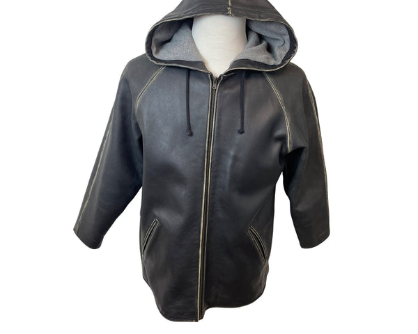 Fitigueso Men's Black Leather Hoodie With Washed Seam Size M