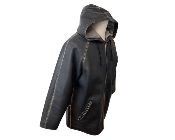 Fitigueso Men's Black Leather Hoodie With Washed Seam Size M