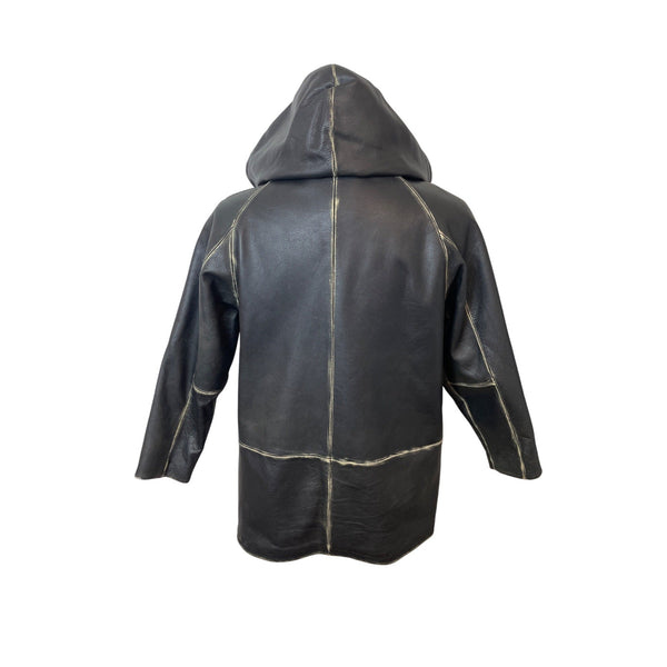 Fitigueso Men's Black Leather Hoodie With Washed Seam Size M