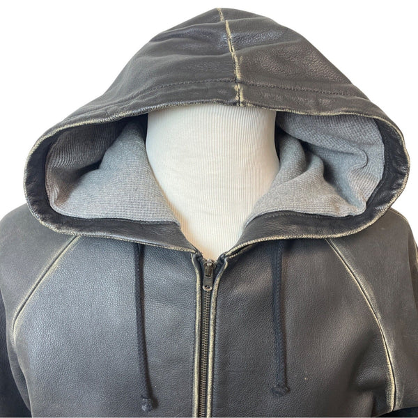 Fitigueso Men's Black Leather Hoodie With Washed Seam Size M