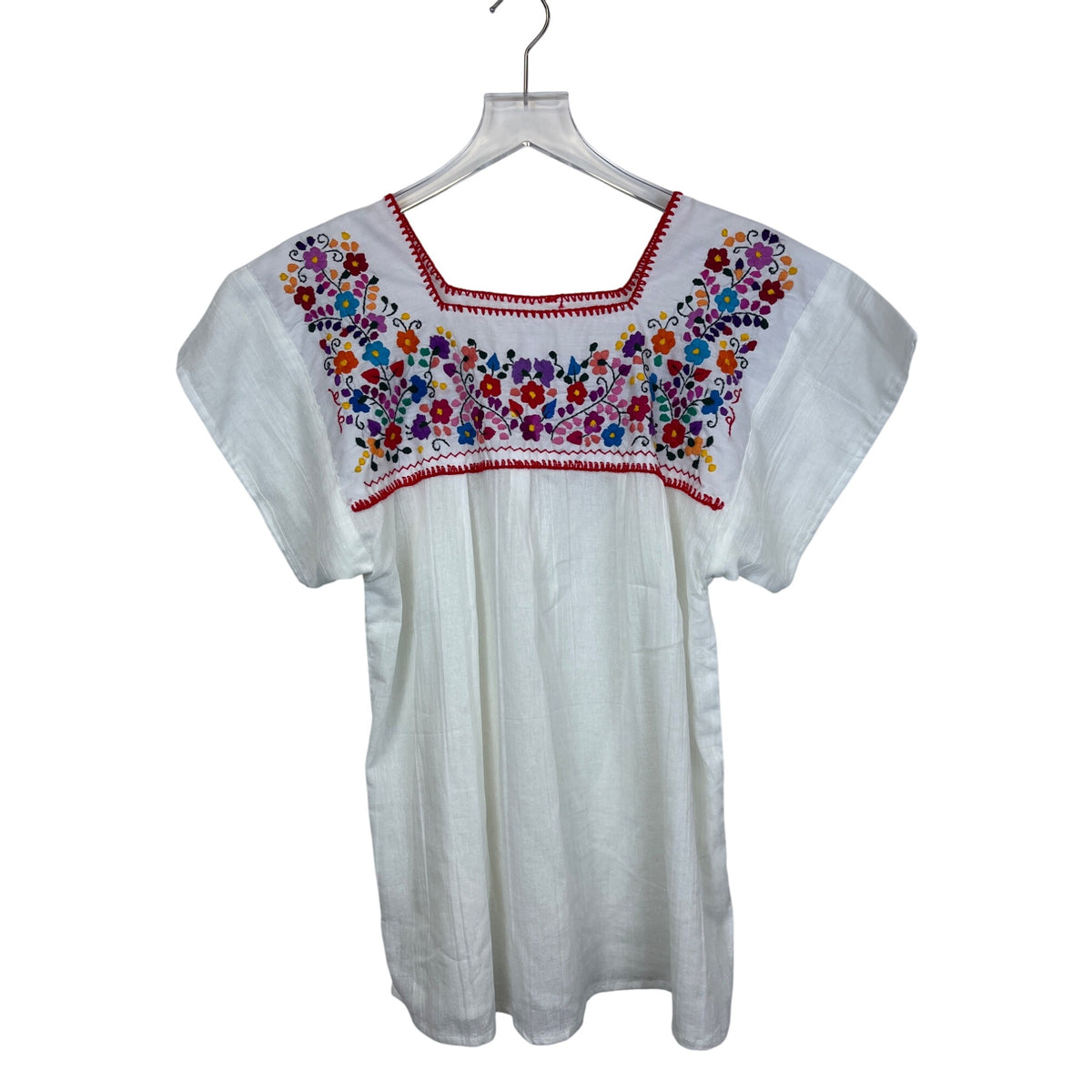Embroidered Womens White Cotton Floral Blouse Size M/L Square Neck Mexican Style