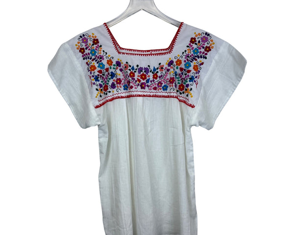Embroidered Womens White Cotton Floral Blouse Size M/L Square Neck Mexican Style