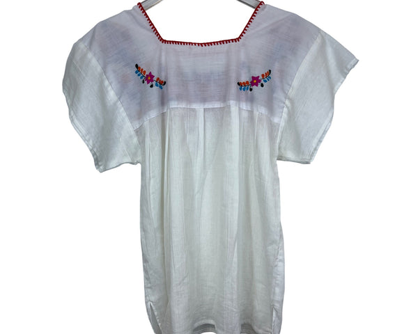 Embroidered Womens White Cotton Floral Blouse Size M/L Square Neck Mexican Style