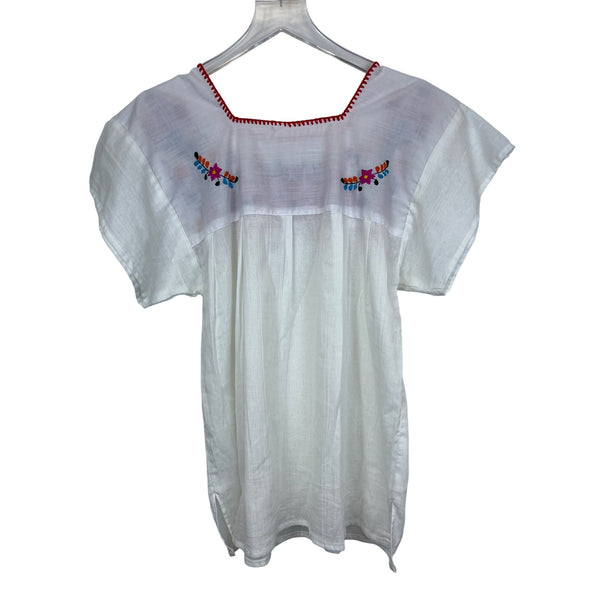 Embroidered Womens White Cotton Floral Blouse Size M/L Square Neck Mexican Style