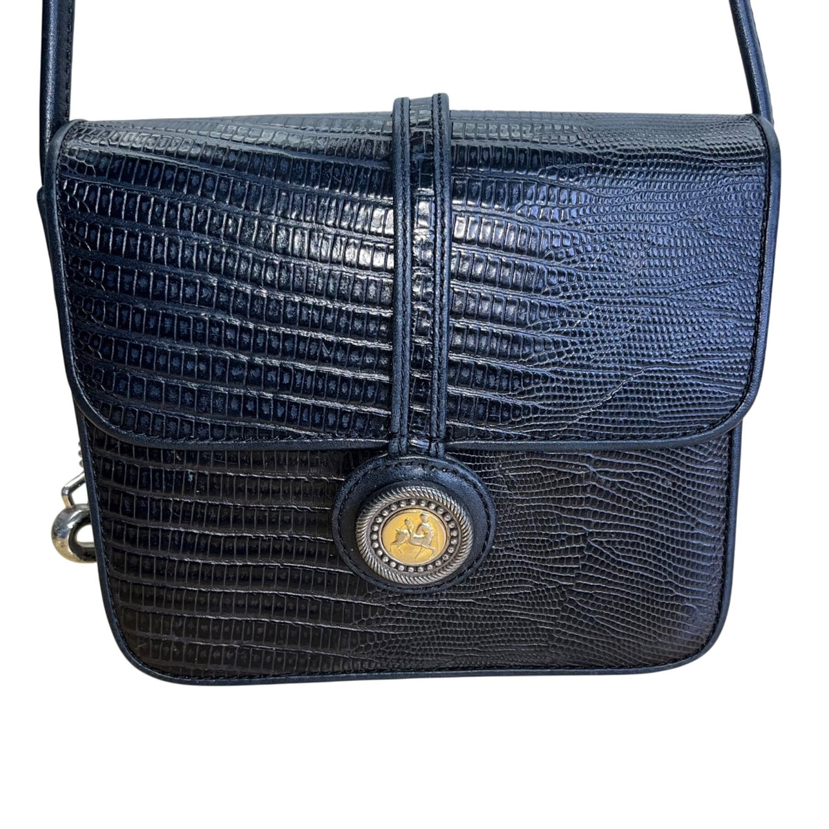 Vintage Brighton One World Black Leather Gold Equestrian Medallion Shoulder Bag
