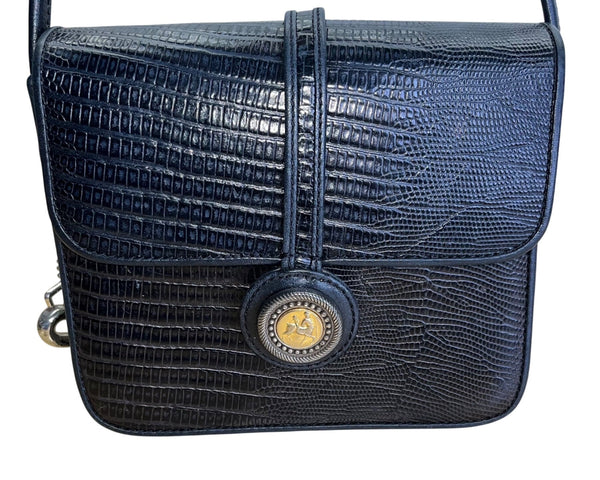 Vintage Brighton One World Black Leather Gold Equestrian Medallion Shoulder Bag