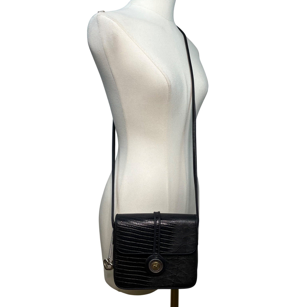 Vintage Brighton One World Black Leather Gold Equestrian Medallion Shoulder Bag