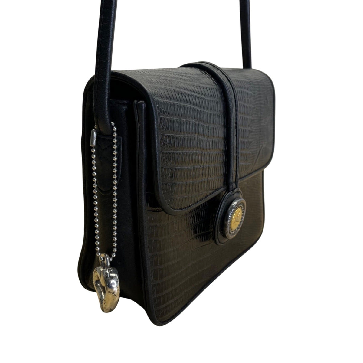 Vintage Brighton One World Black Leather Gold Equestrian Medallion Shoulder Bag