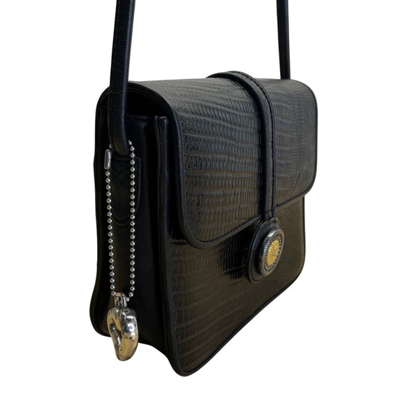 Vintage Brighton One World Black Leather Gold Equestrian Medallion Shoulder Bag