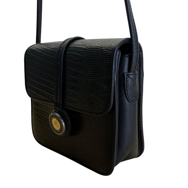 Vintage Brighton One World Black Leather Gold Equestrian Medallion Shoulder Bag