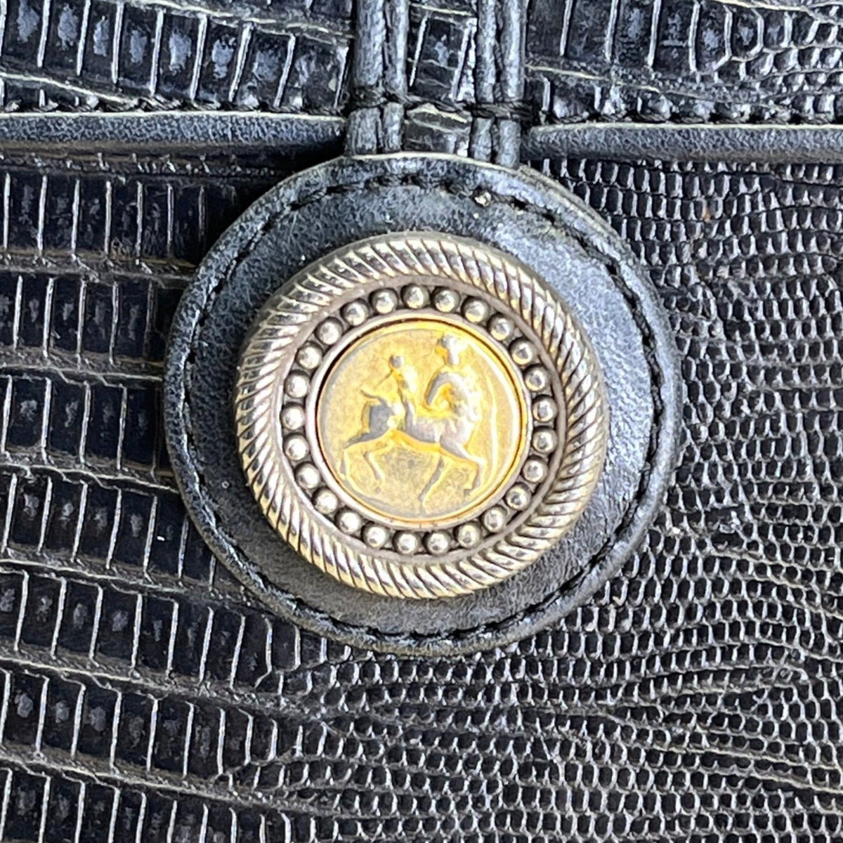 Vintage Brighton One World Black Leather Gold Equestrian Medallion Shoulder Bag