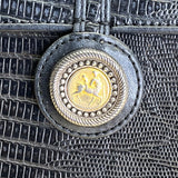 Vintage Brighton One World Black Leather Gold Equestrian Medallion Shoulder Bag